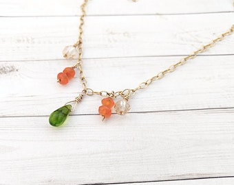 Olive Green, Carnelian Orange and Gold Crystal Necklace, Swarovski Crystal Charm Necklace, Fall Jewelry, Autumn Vintage Fashion Accessory