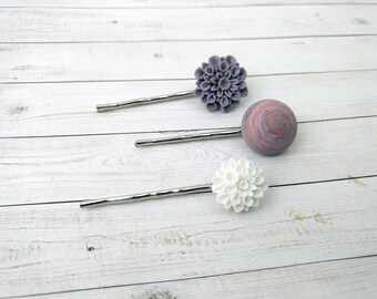 SALE - Purple , and White Hair Pins, Stripe Girls Hair Clips, Flower Hair Pins, Floral Pins, Accessory for Her, Vintage Inspired