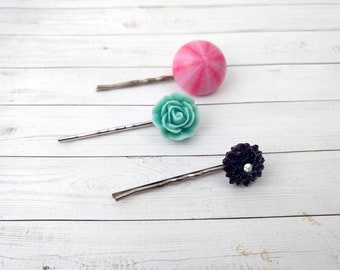 SALE -  Green, Pink and Black Hair Pins, Girls Hair Clips, Flower Hair Pins, Floral Pins, Accessory for Her,  Floral Bobby Pins,  Preppy