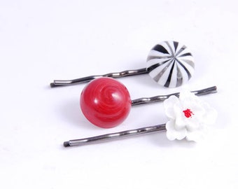 SALE - Black stripe, Red and White Flower Hair Pins, Girls Hair Clips, Flower Hair Pins, Floral Pins, Accessory for Her,  Floral Bobby Pins