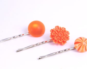 SALE - Orange and  Melon Hair Pins, Girls Hair Clips, Flower Hair Pins, Floral Pins, Accessory for Her, Sherbert Floral Bobby Pins
