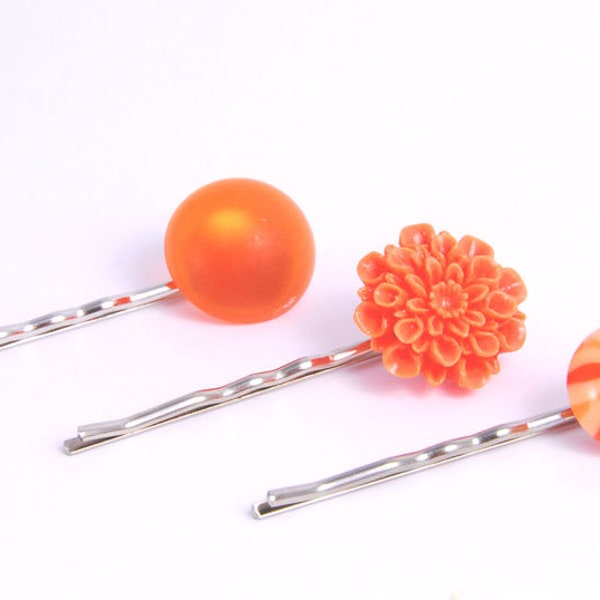 SALE - Orange and  Melon Hair Pins, Girls Hair Clips, Flower Hair Pins, Floral Pins, Accessory for Her, Sherbert Floral Bobby Pins