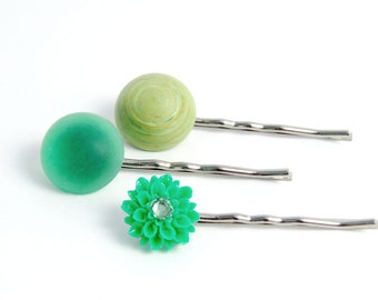 VENTA - Verde esmeralda, alfileres de pelo verde lima, clips de pelo para niñas, alfileres de flores, alfileres florales, accesorios para ella, alfileres florales Bobby