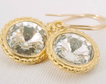 Round Bezel Set Gold Swarovski Crystal Earrings, Short Crystal Dangles, Mixed Metal Crystal  Drops, Rivoli Crystal Earrings for Birthday