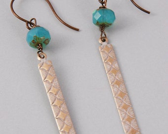 Turquoise, White,  Gold Rectangle Earrings, Natural Brass Long Dangles, White Brass geometric Charm Earrings, Summer Jewelry, Beach Earrings