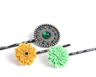 SALE - Mint Green, Mustard and Green Hair Pins, Girls Hair Clips, Flower Hair Pins, Floral Pins, Accessory for Her,  Floral Bobby Pins