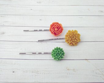 SALE - Orange, Mustard and Green Hair Pins, Girls Hair Clips, Flower Hair Pins, Floral Pins, Accessory for Her,  Floral Bobby Pins