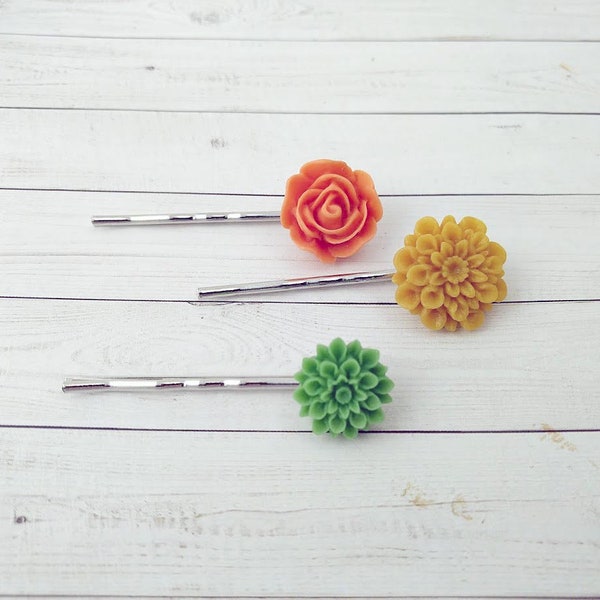 SALE - Orange, Mustard and Green Hair Pins, Girls Hair Clips, Flower Hair Pins, Floral Pins, Accessory for Her,  Floral Bobby Pins