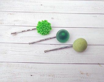 SALE - Emerald Green, Lime Green Hair Pins, Girls Hair Clips, Flower Hair Pins, Floral Pins, Accessory for Her,  Floral Bobby Pins