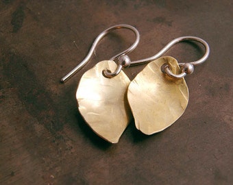 Small Brass Leaf Earrings Hammered Metal Gold Leaf Dangles Botanical Gifts for Her Mom Nature Wedding Jewelry Simple drops Under 25