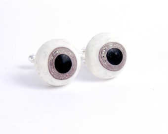 VENTA - Gemelos de resina de globo ocular negro, blanco y beige, puños de cabina redonda vintage para hombres, accesorio de camisa, gemelos de Halloween
