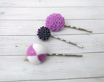 SALE - Purple , Violet and White Hair Pins, Stripe Girls Hair Clips, Flower Hair Pins, Floral Pins, Accessory for Her, Vintage Inspired