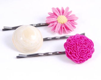 SALE -  Pink Daisy, Magenta and Yellow Hair Pins, Girls Hair Clips, Flower Hair Pins, Floral Pins, Accessory for Her,  Floral Bobby Pins