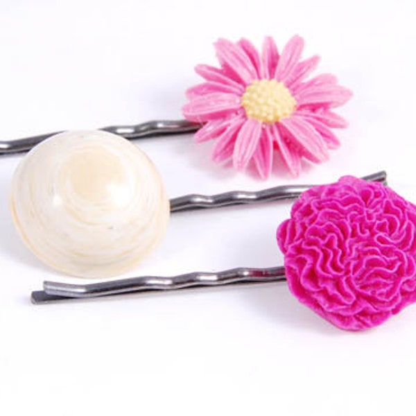 SALE -  Pink Daisy, Magenta and Yellow Hair Pins, Girls Hair Clips, Flower Hair Pins, Floral Pins, Accessory for Her,  Floral Bobby Pins