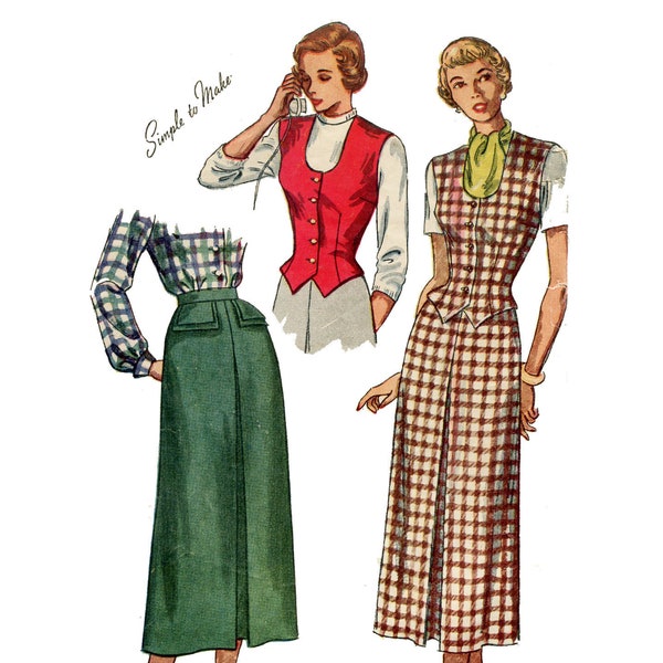 1940s Weskit and Skirt Pattern U Neck Sleeveless Fitted Top Flared Skirt Inverted Pleat Simplicity 2720 Bust 34 Vintage Sewing Pattern