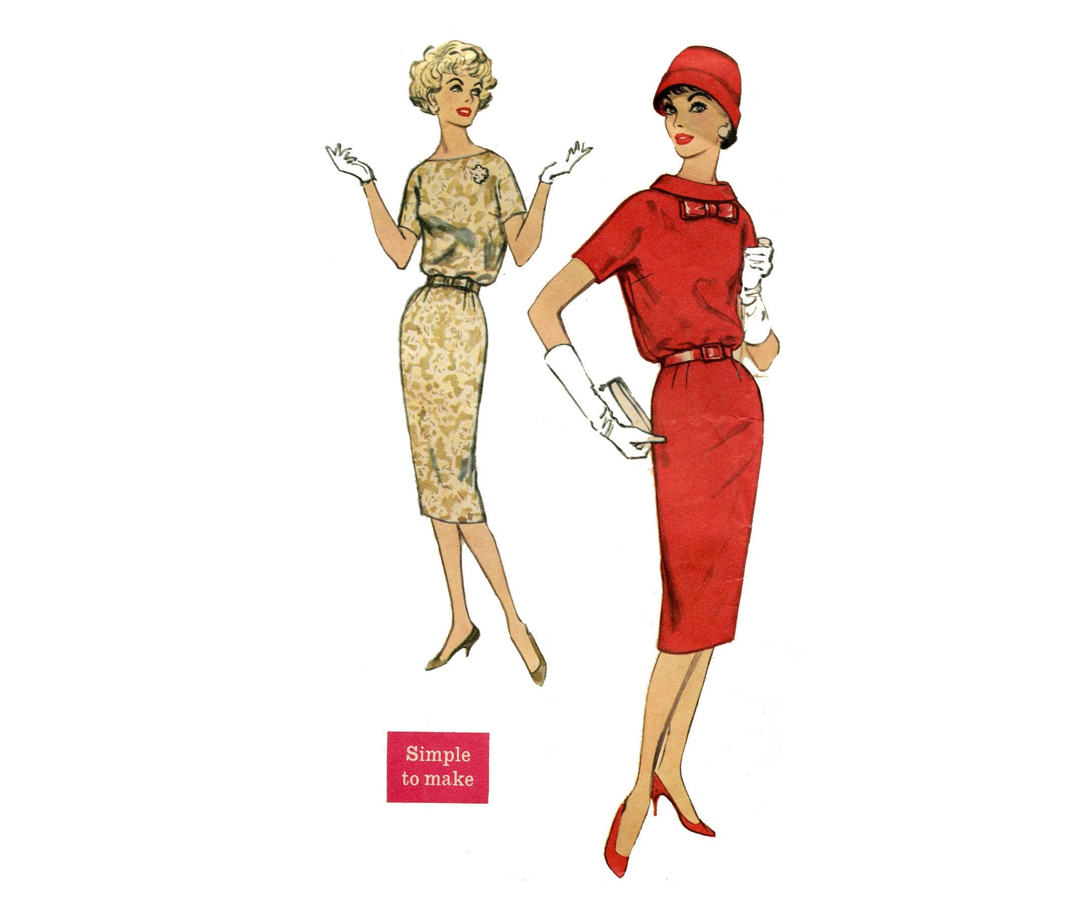 1950s Sheath Dress Pattern Slim Blouson Roll Collar Dress Etsy