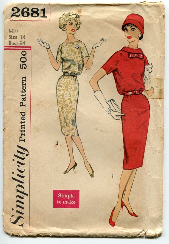 1950s Sheath Dress Pattern Slim Blouson Roll Collar Dress Etsy