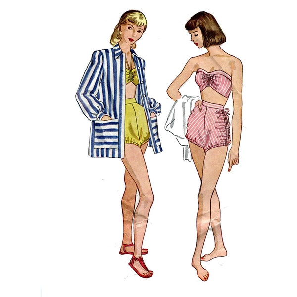 década de 1940 pin Up traje de baño modelo Bra Top alta cintura cortos traje playa encubrir chaqueta simplicidad 1965 Busto 36 patrón de costura Vintage