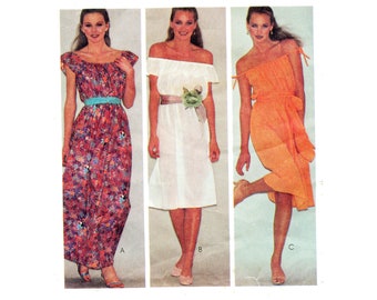 Easy Sundress Pattern Off Shoulder Loose Fitting Summer Sun Dress Elastic Waist Ruffles McCalls 7127 Bust 30 Ex SM Vintage Sewing Pattern