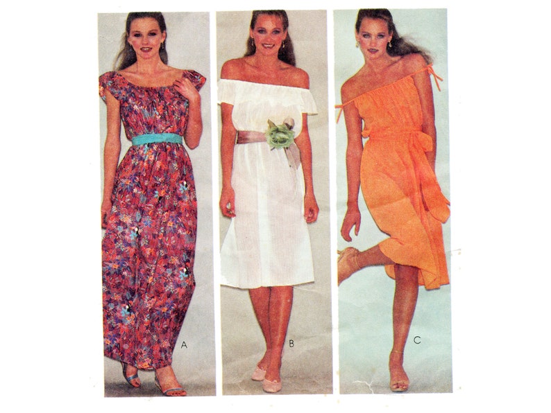 Easy Sundress Pattern Off Shoulder Loose Fitting Summer Sun Dress Elastic Waist Ruffles McCalls 7127 Bust 30 Ex SM Vintage Sewing Pattern