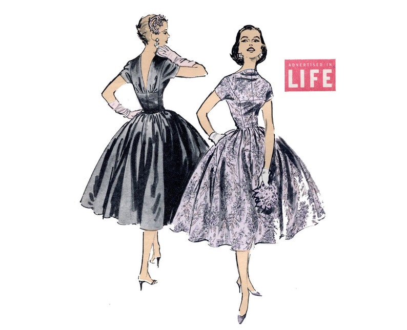 1950s Dress Pattern V Back Full Skirt Fit And Flare Party Etsy