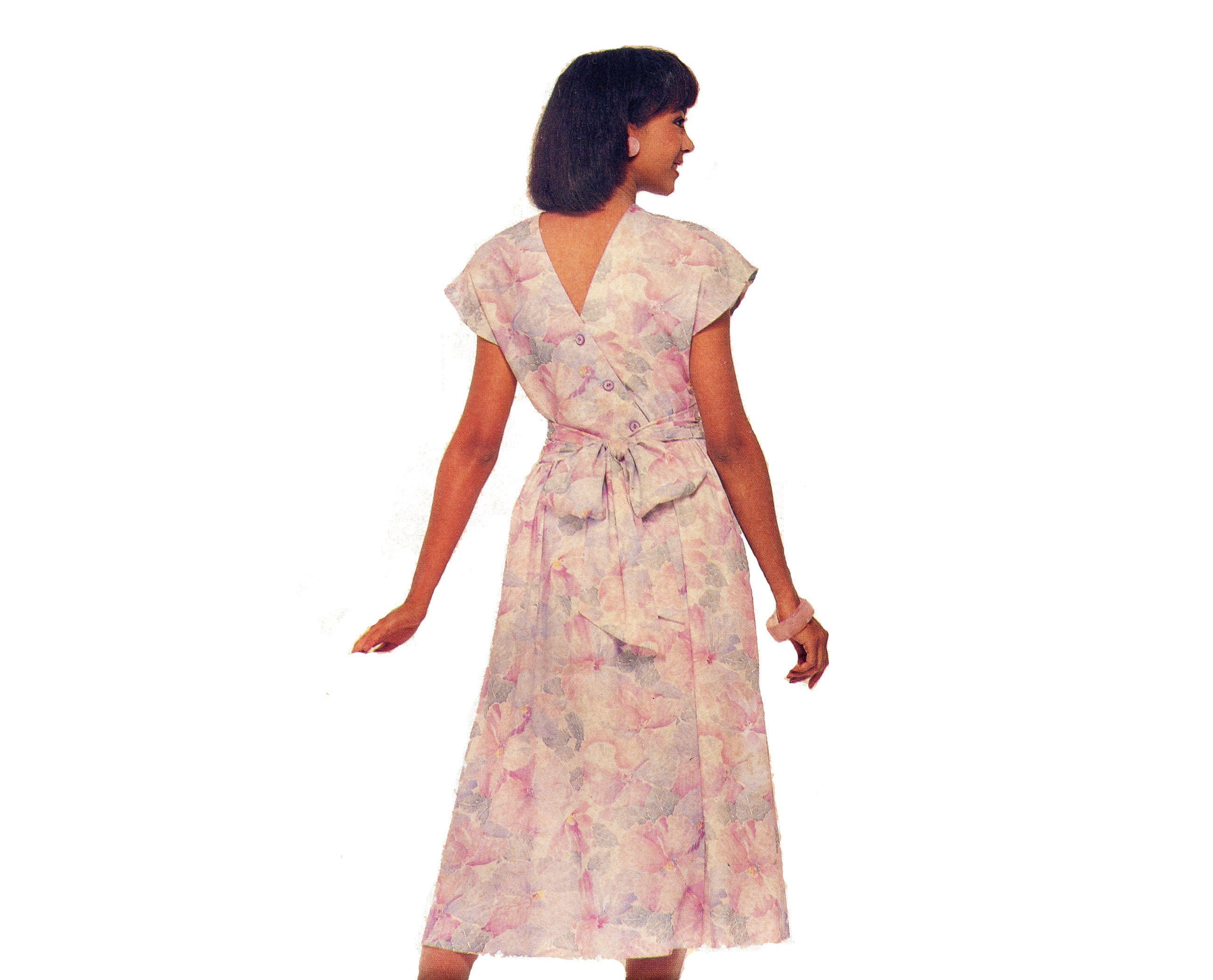 1980s V Back Wrap Dress Pattern Cap 