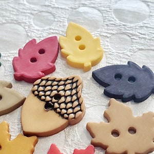 May include: Assortment of autumn-themed buttons in various colors and shapes, including leaves and an acorn. The buttons are made of a textured material and have two holes each.