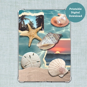 May include: A digital collage featuring various seashells, a starfish, and a sand dollar, with a backdrop of a beach scene and a sunset. The text "Printable Digital Download" is in a teal circle.