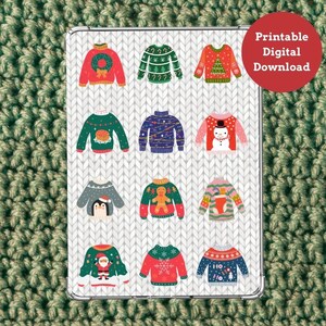 May include: A digital download showcasing a grid of festive Christmas jumper designs. Each jumper displays a unique pattern, such as a Christmas tree, snowman, and gingerbread man. The image is set against a white, knitted background, with a red circle and the text "Printable Digital Download".