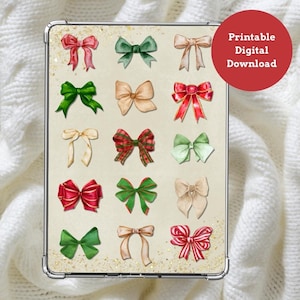 May include: A digital download featuring a grid of watercolor bows in various colors, including red, green, and beige. The bows have different patterns and textures. The image includes the text "Printable Digital Download" in a red circle.