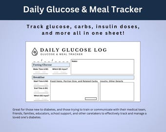 Daily Glucose Log | Diabetes Meal Tracker PDF | Printable T1D Management Tool for Blood Sugar & Insulin Tracking | Diabetic Planner