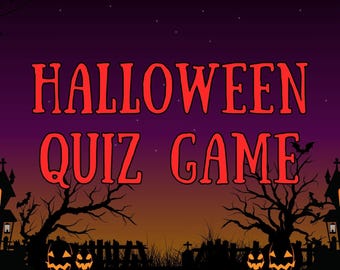 Op de afbeelding: Een Halloween-thema grafische afbeelding met de woorden "HALLOWEEN QUIZ GAME" in rood tegen een paarse en oranje gradiënt achtergrond. Silhouetten van spookhuizen, bomen, pompoenen en een volle maan completeren de spookachtige scène.