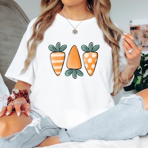 Shirt Happy Easter wortel, Paasdag shirt voor dames tuinshirt, lente konijn sweatshirt, paascadeau voor vrouw, shirt vrolijk Pasen