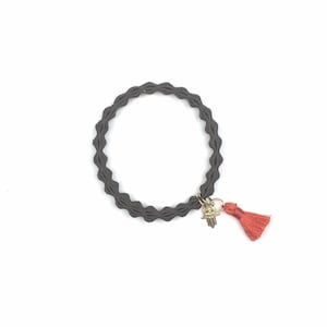 Wavy Hair Tie Elastic with Tassel grey/burnt orange, 14k Gold-filled Metal Charm Favor, Gift, Thank You, Stuffer, Shower