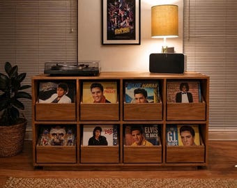 Mueble de almacenamiento para discos de vinilo de estilo moderno de mediados de siglo, organizador de LP de madera, soporte para tocadiscos