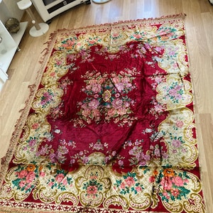 Hand Embroidered Ottoman Antique Carpet Bedspread – Traditional Handmade Throw, Boho Home Decor, Holiday Gift Idea