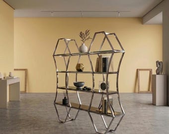 Estantería geométrica moderna de diseño francés / Estante expositor de cristal cromado, mueble de diseño