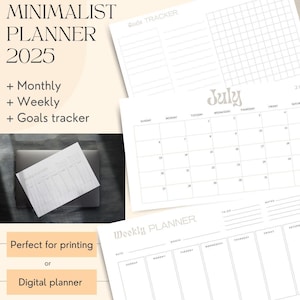 Puede incluir: Un planificador minimalista para 2025 con páginas mensuales, semanales y de seguimiento de objetivos. El planificador incluye una página de calendario de julio con un diseño de cuadrícula y una página de planificador semanal con secciones para cada día de la semana.
