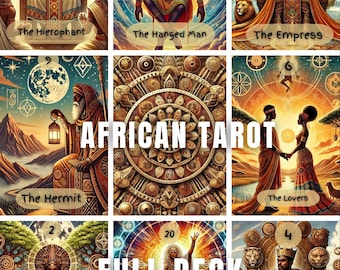 May include: A collection of nine tarot cards titled AFRICAN TAROT FULL DECK, featuring vibrant illustrations of figures in traditional attire, celestial patterns, and ornate thrones. Each card displays a unique scene with gold, orange, and blue tones.