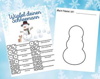 Weihnachtsspiel, Würfelspiel, Kinder und Familienspiele, Würfel deinen Schneemann, Spiele für die Adventszeit, digitaler Download