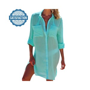Cotton Beachwear Dress, Women&#39;s Beach Cover-Up Shirt, Bikini Cover Up, Beach Button Up, Swimwear Coverups