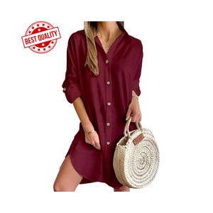 Solid Color Button Front Shirt Dress Casual Long Sleeve Lapel Dress For Spring & Fall Women&#39;s Clothing, Gift for her