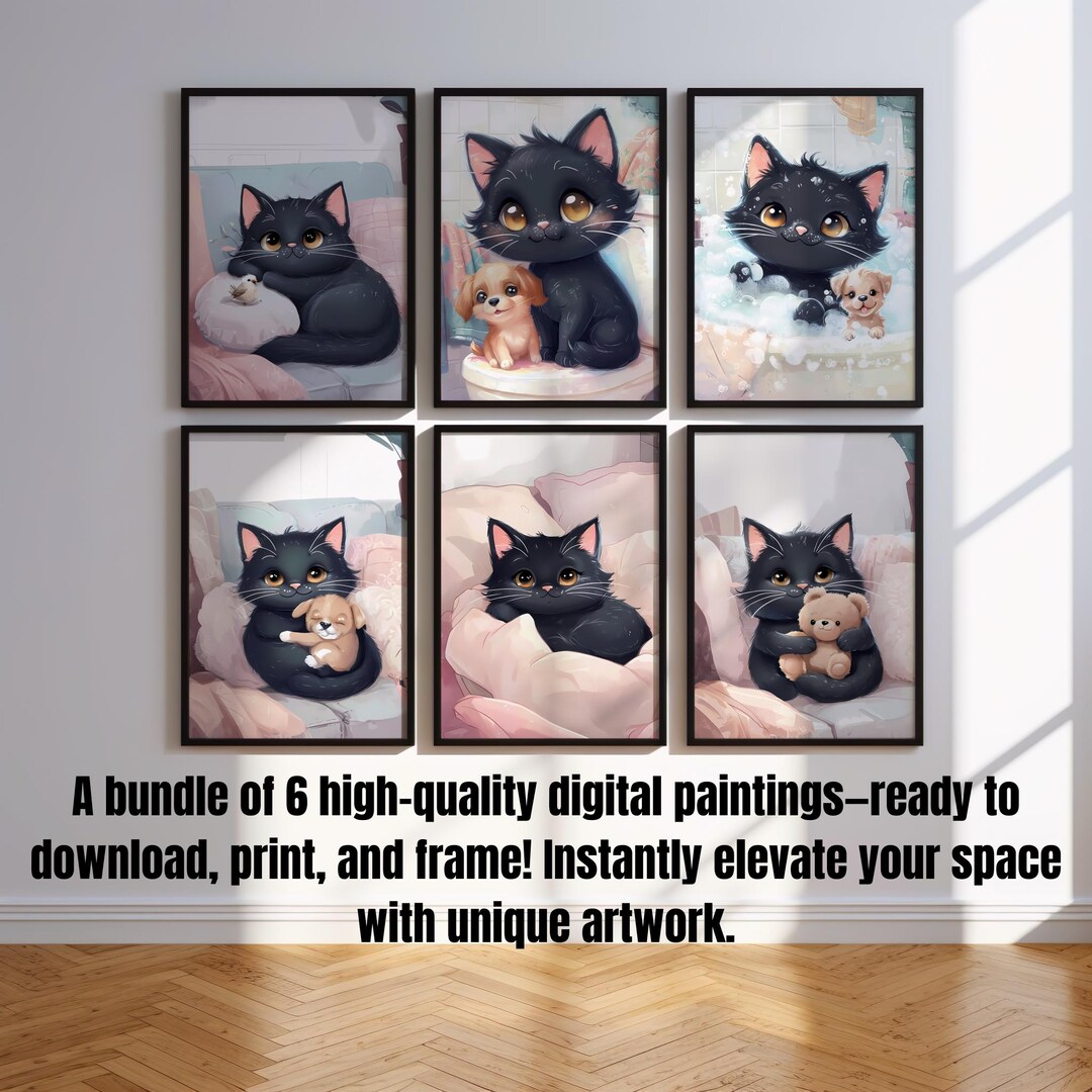 Nursery Poster Cute Black Cat Art Print Bundle - Black Kitten Digital ...