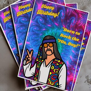 Carte d'anniversaire homme 50-55 | Illustration hippie | carte d’anniversaire imprimable grand-père|joyeux anniversaire papa|carte d’anniversaire design des années 1970