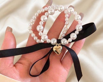 Pearl Hairtie Handmade Pearl Tie Gift For Her, Pearl beaded Hair Tiger, Bow Style Tie With Gold Heart Charm Tig Minimalist Jewelry