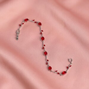 Ruby Tulip Bracelet, 925 Sterling Silver Bracelet, Red Crystals, Silver Pastel Tulip Floral Bracelets, Fairytale Jewelry Anniversary gifts