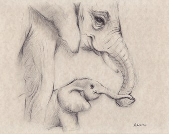 My Little One - Mama & Baby Elephant ORIGINAL Charcoal Pencil Drawing