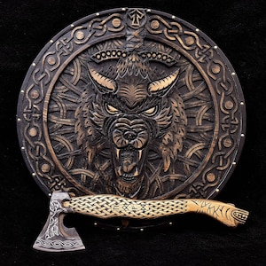 Viking Wolf Shield Wall Decor, Wooden Norse Warrior Shield with Celtic Knotwork & Axe