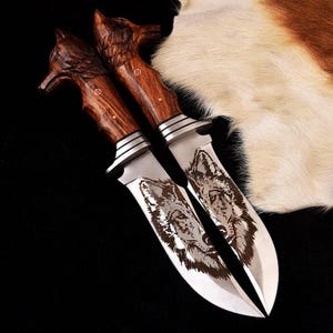 Pair Of Wolf Head Camping Knives, Handmade Hunting Knife, Bushcraft Knife, Survival Gear, Camping Gear, Gift For Him/Her, Christmas Gift