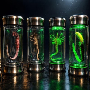 May include: Four glass jars with silver lids and bases, each containing a different alien specimen. The specimens are various colors, including pink, tan, and green, and are suspended in a green liquid. The jars are arranged in a row against a dark background.